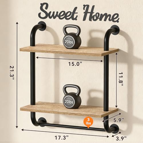 Tinpin Bathroom Shelves Wall Mounted, Rustic Farmhouse Pipe Shelves, 2-Tier, Industrial Shelving Over Toilet, Floating Shelf Decor for Bathroom, Kitchen, Bedroom, Living Room 17.3 inch - color: Brown, size: 2 tier