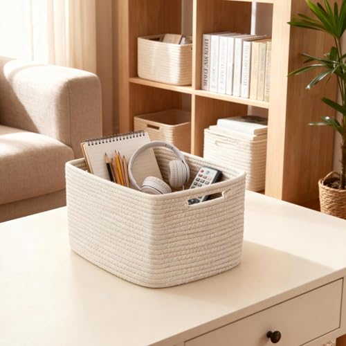 5 Pack White Woven Storage Baskets for Shelves, Decorative Basket Organizer Storage Bins for Toys, Books, Clothes, Closet, Nursery, Bathroom – Cotton Rope Shelf Baskets for Organizing and Decor - color: White