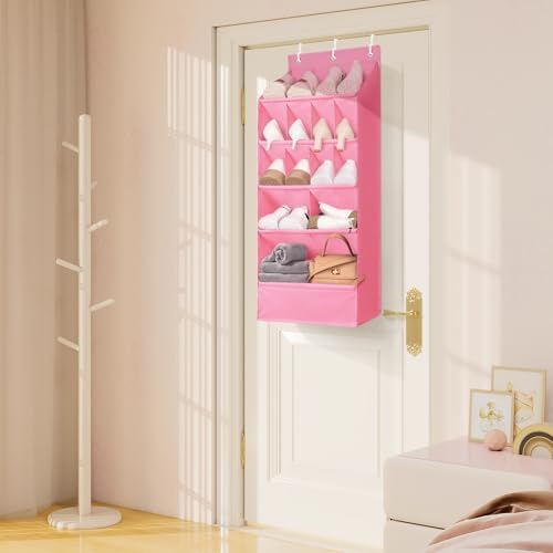 FENTEC 1 Pack Over-the-Door-Shoe-Organizers, Hanging Shoe Organizers with Large Pocket Shoe Holder Hanging Shoe Rack for Closet Shoes Organizer for Wall, Over Door Organizer with 15 Pockets Pink - color: PINK-(18+ Pairs), size: 1 Pack
