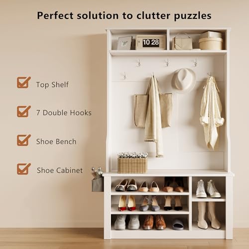 Aiho Hall Tree with Bench and Shoe Storage, 3-in-1 Entryway Hall Tree, with Adjustable Shoe Storage, for Entryway, Hallway, White - color: White