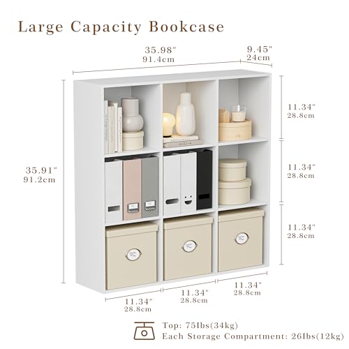 VDNEND Wooden Storage Organizer with Closed Back Panel, 11in Cube Shelf Opening, Bookshelf, Display Shelf,Closet Cabinet for Home and Office (Embossed White, 9-Cube 35.98L*9.45W*35.91H) - color: Embossed White, size: 9-Cube 35.98L*9.45W*35.91H