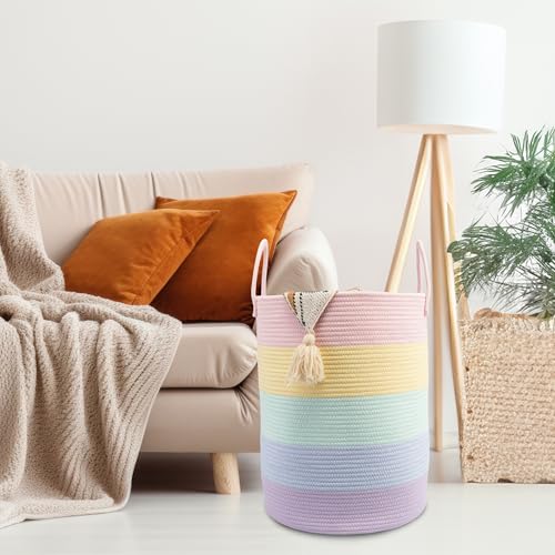 Woven Cotton Rope Laundry basket-15”X20” Laundry Hamper-Rope Storage Basket for Dirty Clothes, Toys and Blankets Perfect for Bathroom, Baby nursery and Living Room Storage (light rainbow) - color: light rainbow, size: regular