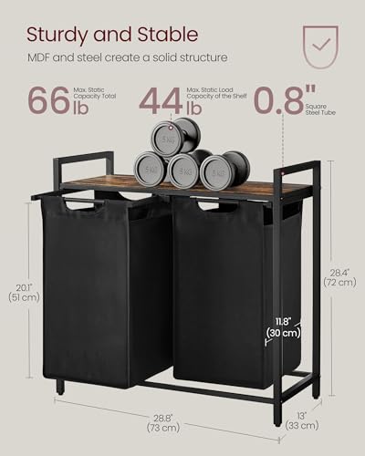 VASAGLE Laundry Hamper, Laundry Basket, Laundry Sorter with 2 Pull-Out and Removable Bags, Shelf, Metal Frame, 2 x 12.1 Gallons (46 L), 28.8 x 13 x 28.4 Inches, Ink Black and Rustic Brown UBLH201B01 - color: Black + Rustic Brown, size: 2 Bags - 92 L