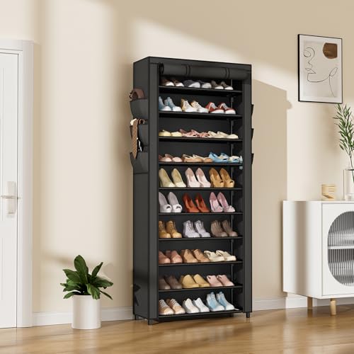 VTRIN Vertical Narrow Shoe Rack Organizer Tall Shoe Rack for Closet Entryway 10 Tier Non-Woven Cover Shoe Shelf Holds 36-41 Pairs Free Standing Shoe Storage Cabinet with Dustproof Cover, Black - color: Black, size: 24.8"W x11.8"D x 68.9"H