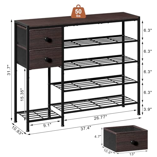 5-Tier Shoe Rack with 2 Fabric Drawers, Metal Frame and Wooden Board Shoe Organizer for 16-20 Pairs of Shoes, Shoe Shelf with Boots Storage for Entryway Closet Dark Brown - color: Dark Brown