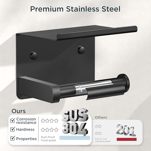 FORIOUS Toilet Paper Holder with Shelf, Adhesive or Screw Wall Mount Toilet Paper Roll Holder for Bathroom, SUS 304 Stainless Steel Commercial Toilet Tissue Holder with Storage Dispenser, Matte Black - color: Matte Black