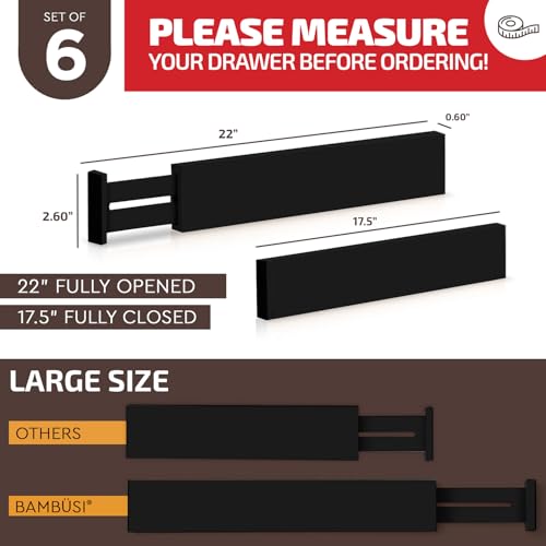 6-Pack Drawer Dividers - 2.6 Inches High, Adjustable 16 to 22 Inches Bamboo Drawer Organizer, Large Expandable Separator for Clothes, Dresser, Bedroom, Bathroom, Baby, Office, Kitchen Utensils, Black - color: Black