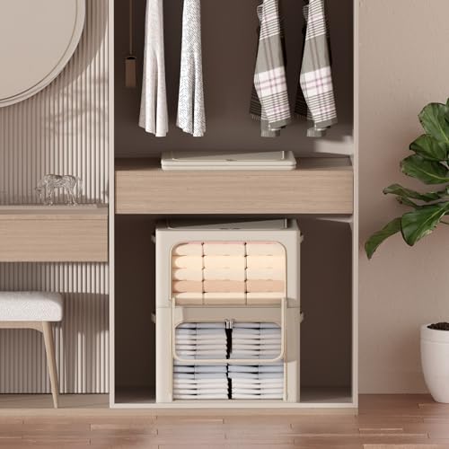 3Pack Frame Storage Box - Clothes Storage Bin Bags Oxford Fabric Foldable Stackable Container Organizer Set with Clear Window & Carry Handles Large Capacity (Beige, Small-22L) - color: Beige, size: Small-22L