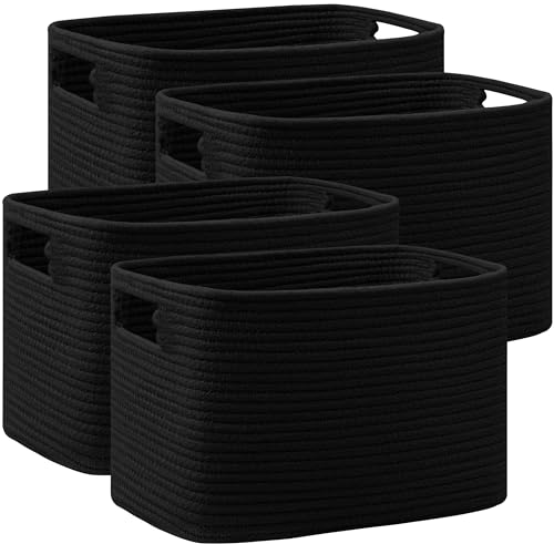 UBBCARE 4 Pack Storage Baskets for Organizing, Shelf Baskets with Handles, Woven Storage Baskets for Bookcase/Cube Shelf/Closet, 14.5"L x 9.8"W x 9"H, Black - color: Black, size: 4 Pack-14.5"(L)×9.8"(W)x9"(H)