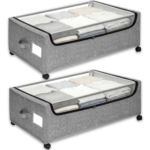 Under Bed Storage with Wheels, 2-Pack Under the Bed Storage Containers with Clear Lids & Label, Underbed Storage Bins, XXXL 85L 11 inches Rolling Metal Drawer for Clothes, Shoes, Toys, Books - Gray - color: grey, size: 11 inch-height