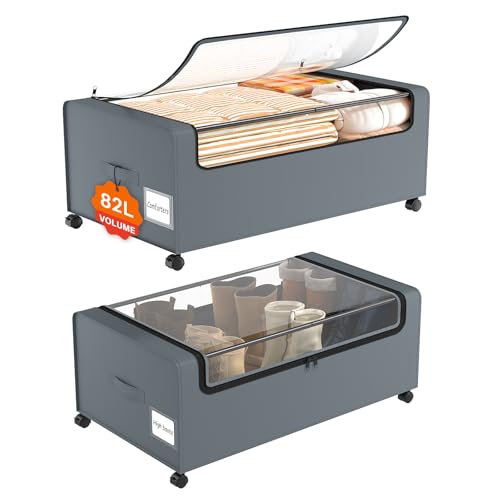 Webetop 12 inch Under the Bed Storage Bins with Clear Lid, Under Bed Storage Containers with Wheels for Underneath Small Spaces Dorms, Blankets (2 Pack, Grey, 30.7"x17.3"x12") - color: Grey, size: 12 inch height