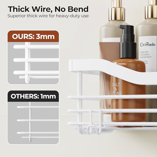 Orimade Shower Caddy Basket Shelf Storage Rack, No Drilling Wall Mounted Adhesive Rust Resistant Stainless Steel Shower Organizer with 5 Hooks for Bathroom, White 2 Pack - color: White, size: 4.56"D x 11.02"W x 3.11"H
