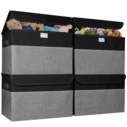 Bagnizer Large 22 Quart Linen Fabric Foldable Storage Bin Cube Organizer Basket with Flip-Top Lid & Handles, Clothes Blanket Box for Home, Office, Closet, Black & Gray, 4 Pack 14.6 x 9.5 x 9.5 - color: Black & Gray, size: Medium - 4 Pack