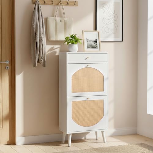 Karl home Shoe Rack Storage Organizer, Rattan-Panel 1-Drawer 2-Tilt-Out Shoe Storage Cabinet, Hidden Shoe Storage for Entryway,Ideal for Heels,Slippers,Casual Shoes, White - color: White, size: 1-Drawer 2-Tilt-Out