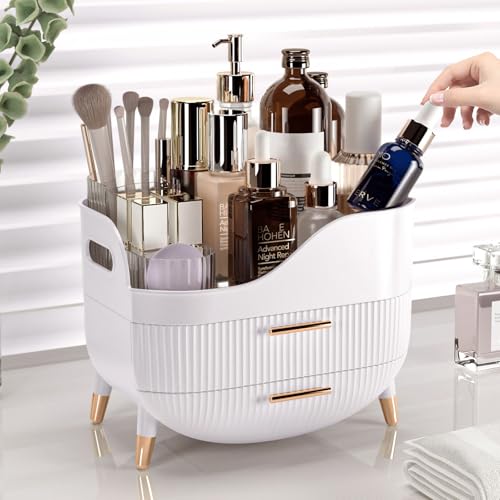Pajiriona Makeup Organizer with Drawers,Skincare Organizer for Vanity,Storage Box with Handle,Large Cosmetic Display case for Dresser, Bathroom Countertop - color: White