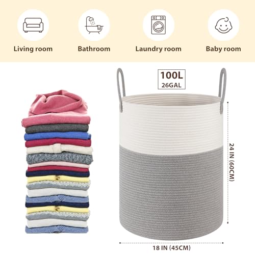 OIAHOMY Large Laundry Basket Hamper - 100L Cotton Rope Woven Basket for Blankets, Toys, Clothes - Tall Decorative Nursery Hamper with Long Handles, Grey/White - color: Grey/White, size: 100L