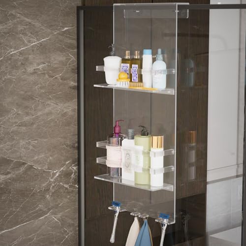 Nynelly Over The Door Shower Caddy, Acrylic Shower Caddy Shelf with Hooks, No Drilling Adjustable Hanging Shower Organizer for Bathroom Storage, Body Wash Shampoo Holder