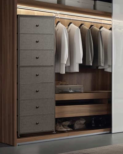 Mifuro Tall Fabric Dresser for Bedroom, Vertical Storage Organizer Tower with 7 Drawers, Chest of Drawers with Bins, Steel Frame, Wood Top for Bedroom, Closet, Entryway Grey - color: Grey, size: 7 Large Drawers