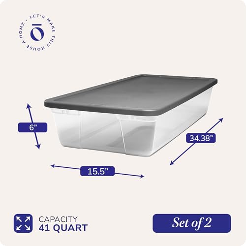 HOMZ 2-Pack Snaplock, Large Clear Plastic Storage Organizer Bins w/Lids, 41 Quart, Gray - Stackable Container Boxes for Bedroom, Bathroom, Garage, and Office Organization - color: Gray Lid, size: 41 QT (2 Pack)