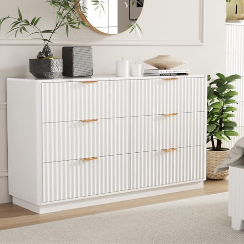 VOWNER Fluted 6 Drawers Dresser for Bedroom, 54" Wide Modern Chest of Drawers with Metal Handle, Closet Clothes Storage Organizer, Wood Dresser TV Stand for Living Room, Closet, Hallway, Entryway - color: White & Marble