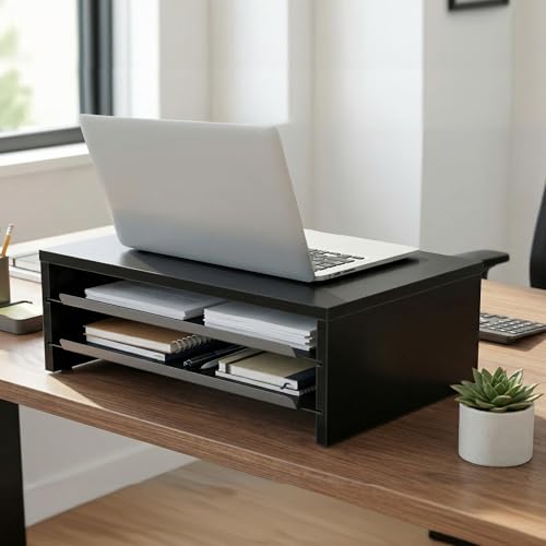 Fenge Monitor Stand, 3-Tier Monitor Riser with Slide-Out Tray, Wooden and Metal Desktop Organizer for Home Office, Computer, Laptop, Printer, Telephone - color: Black