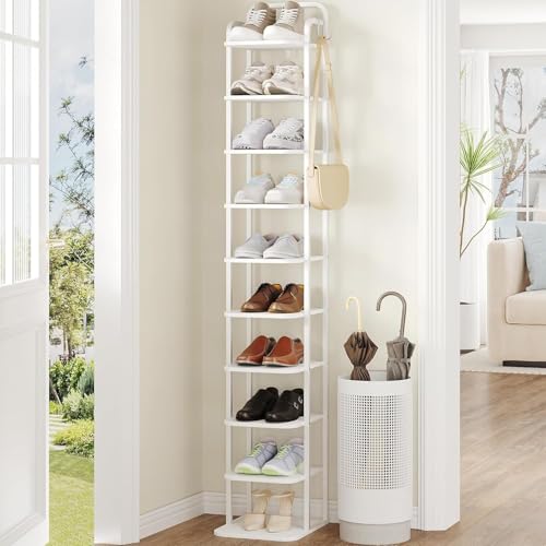 Hzuaneri 10 Tiers Vertical Shoe Rack, Narrow Shoe Tower, Tall Shoes Shelf with 2 Hooks, Adjustable Shelves, Corner Shoes Shelves for Small Spaces, Entryway, Living Room, White SR11213W - color: White, size: 10 Tier(11.8"D x 10.4"W x 67.3"H)