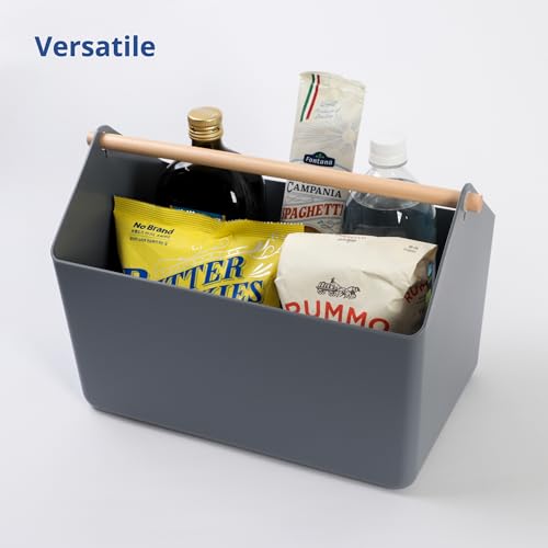 BLUE GINKGO Large Storage Basket – Plastic Caddy with Wooden Handle for Bathroom, Pantry, or Cleaning Supplies (Gray) - color: GREY, size: Large