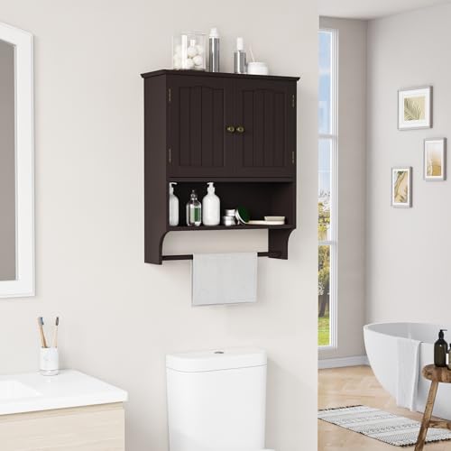 Bathroom Cabinet, Bathroom Wall Cabinet with 2 Doors and Adjustable Shelf, Wooden Medicine Cabinets Wall Mount, Over The Toilet Storage - color: Bathroom Wall Cabinet With Towel Rack-brown