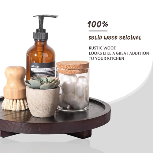 Round Decorative Tray Wood Bathroom Counter Organizer Farmhouse Kitchen Decor Wooden Riser for Soap Dish, Perfume, Candle, Sponge, 10" - Walnut - color: Walnut, size: 10"