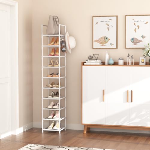 LANTEFUL Tall Narrow Shoe Rack 10-Tier Skinny Shoe Shelf Storage for 10-15 Pairs Shoes and Boots, Space Saving Corner Shoe Rack Organizer for Closet, Entryway, Garage, Living Room,White - color: White, size: 10 tiers