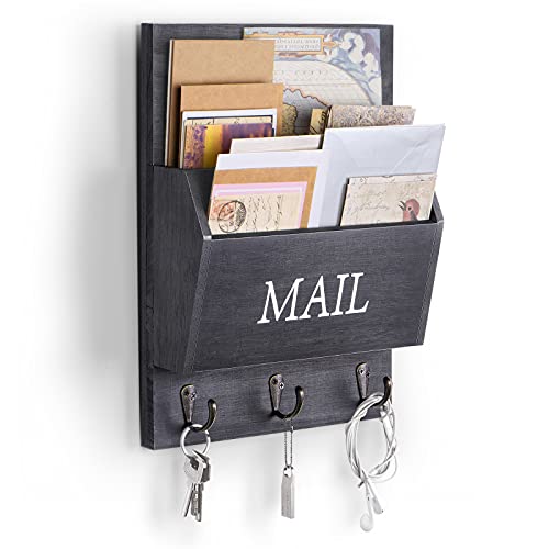 DLQuarts Mail Organizer with Key Holder for Wall, Mail Sorter Wall Mounted, Decorative Wooden Key and Mail Holder with 3 Hooks, Black - color: Black