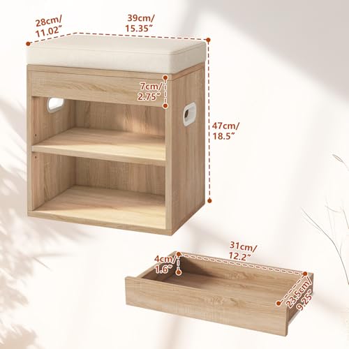 YMYNY Small Shoe Storage Bench with Cushion and Drawer, 2 Tier Adjustable Entryway Bench with Storage, Wooden Shoe Rack Bench for Entryway, Living Room, Hallway, Bedroom, Light Natural, HSC002R - color: Light Natural