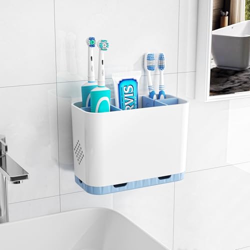 Toothbrush and Toothpaste Holders for Bathrooms Countertop - Detachable 5 Slots Kids Electric Toothbrush Holders Set Wall Mounted with Removable Dividers for Bathroom Decor and Accessories Organizer - color: Whiteblue