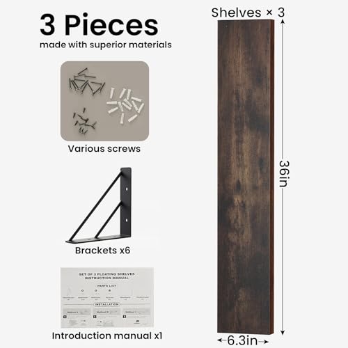 BAYKA Wall Shelves for Bedroom Decor, Floating Shelves for Wall, Display Mounted Rustic Wood Shelf for Books,Plants,Corner Shelves for Bathroom,Kitchen,Living Room(Rustic Brown，36in，Set of 3) - color: C. Rustic Brown Board & Black Brackets, size: 36-inch