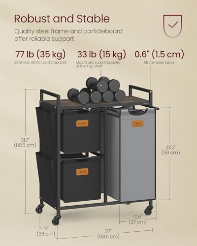 VASAGLE Laundry Hamper with 3 Compartments, 26.4 Gal. (100 L) Laundry Sorter, Rolling Laundry Cart with Shelves, Small Side Pockets, 6 Labels, Chestnut Brown, Ink Black and Dove Gray UBLH202B01 - color: Chestnut Brown + Ink Black + Dove Gray, size: 3 Bags
