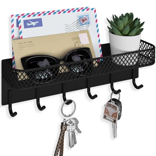 Lwenki Key Holder for Wall – Decorative Stainless Steel Key Hanger with 6 Hooks for Hats, Bags, Leashes – Mail Holder Key Rack with Mounting Hardware and Guide (9.65” x 2.8” x 2.2”) (Black) - color: Black
