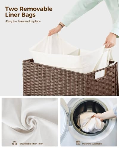 Greenstell Laundry Hamper with Wheels, No Install Needed, 90L Divided Handwoven Hampers & 2 Removable Liner Bags, Synthetic Rattan Clothes Laundry Basket with Lid & Handles, Foldable Hampers Brown - color: Brown, size: 90L: 18.3x13.5x26.4 Inches