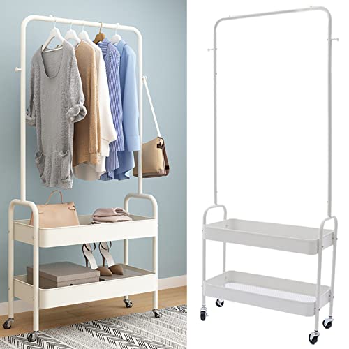 2-Tiers Clothes Rack Freestanding Clothing Garment Rack with Metal Basket Rolling Storage Clothes Shelves Portable Organizer Coat Rack for Entryway Home Bedroom Laundry Small Place (White) - color: White