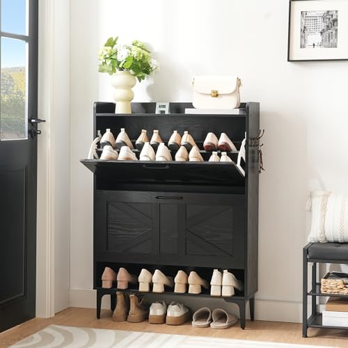 MAHANCRIS Shoe Storage Cabinet, Shoe Organizer with 2 Flip Drawers, Hidden Shoe Storage for Entryway, Freestanding Shoe Cabinet Organizer with Open Storages, Black SHHB9401 - color: Black