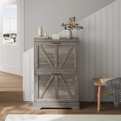 Smart FENDEE Shoe Cabinet, Shoe Storage Cabinet for Entryway with 2 Flip Drawers, Narrow Farmhouse Shoe Organizer Cabinet, Slim Shoe Rack Cabinet, Gery - color: Grey, size: Width - 23.6 inches
