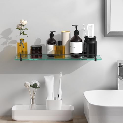 20 Inches Glass Shelves for Bathroom, Matte Black Floating Glass Shelf Stainless Steel Tempered Glass Bathroom Shelves for Wall Mount Modern - color: Matte Black, size: 20"with railing