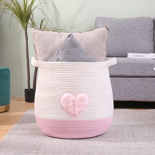 Large Cotton Rope Basket, Woven Storage Basket for Toy, Laundry and Blanket Organizer Basket, Round Hamper Basket with Handles for Kid's Room 17.7"x16.9" (Pink Heart) - color: pink, style: Cottage