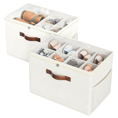 Budding Joy 2 Pack Shoe Organizer for Closet, Clear Foldable Shoe Storage Containers Adjustable Dividers Fits 16 Pairs,Shoe Storage Bins Baskets Boxes with Reinforced Handles Beige - color: Beige-yellow
