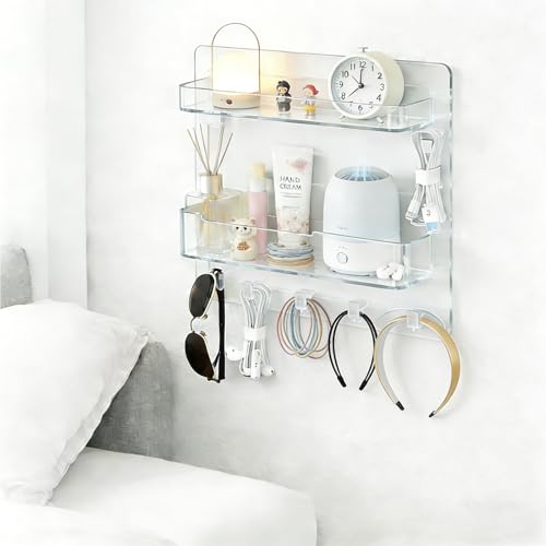 JWShang Bedside Wall Shelf - Adhesive Nightstand Organizer with Hooks and Cable Clips for Earphone Key Remote, Wall Mounted Storage for Bedroom, Dorm, RV, Rental (Clear) - color: Clear