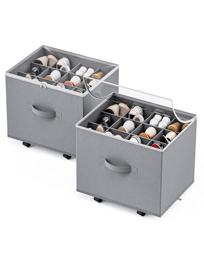 Shoe Organizer for Closet,House Again 2 Pack Shoe Storage Organizer with Wheels, Foldable Shoe Storage Box with Adjustable Dividers and Clear Cover, Reinforced Handles, Fits up to 12-24 Pairs, Gray - color: Light gray-2 Pack, size: Large( 17"L x 12.5"W x