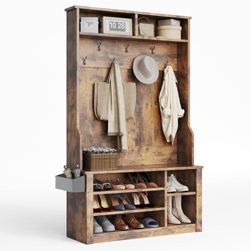 Aiho Entryway Hall Tree with Bench and Storage, 3-in-1 Hall Tree with Coat Rack, Adjustable Shoe Bench, 2-Tier top Storage, for Hallway, Entryway, Bedroom, Rustic Brown - color: Brown