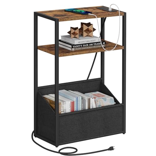 TUTOTAK Narrow Side Table, Small End Table with Charging Station, Nightstand with Fabric Basket, Bedside Table for Small Space, Livingroom, Bedroom Brown TB01BB095 - color: Brown