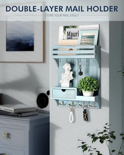 Rebee Vision Decorative Key Holder Wall Mount with Mini Drawer Organizer - Stylish Key Holder for Wall with Mail Organizer & 9 Key Hooks - Apartment Essentials for Home Decor (Blue) - color: Blue, style: Small Drawer