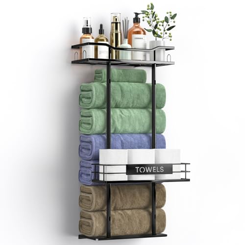 Towel Racks for Bathroom, 30inch Wall Mounted Towel Rack, Towel Storage for Small Bathroom Can Holds 6 Large Towels, Floating Shelf with Adjustable Tissue Basket(Black). - color: Black