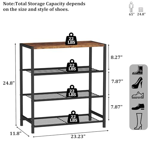 HOMEFORT 4-Tier Shoe Rack Organizer, Shoe Tower for Closet, Shoe Storage Shelf with MDF Top Board, Each Tier Fits 3 Pairs of Shoes, Entryway Shoes Organizer with Sturdy Metal Shelves, Rustic Brown - color: Rustic Brown, size: 4-Tier (11.8"D x 23.23"W x 24